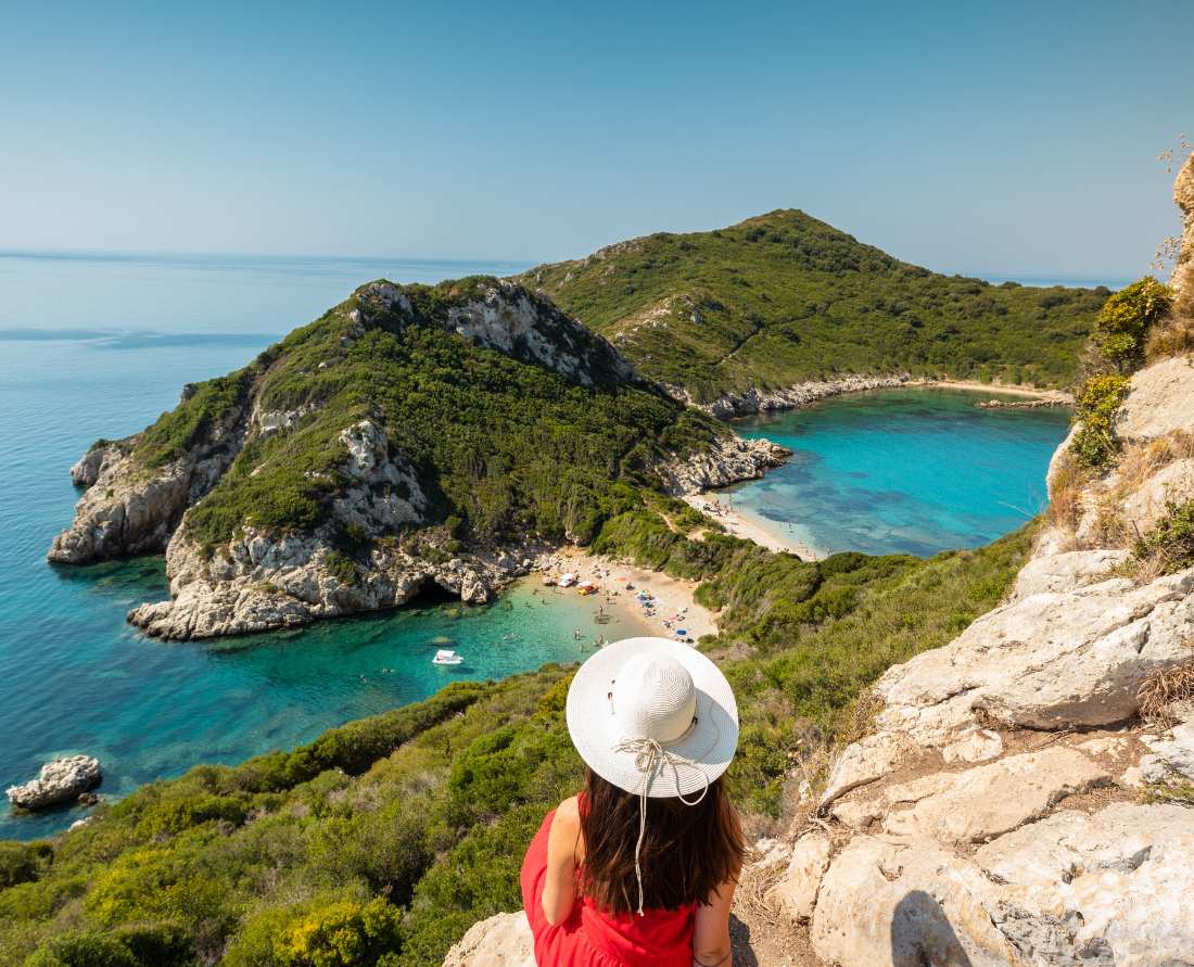 Porto Timoni Beach from the lookout point in Corfu Greece.