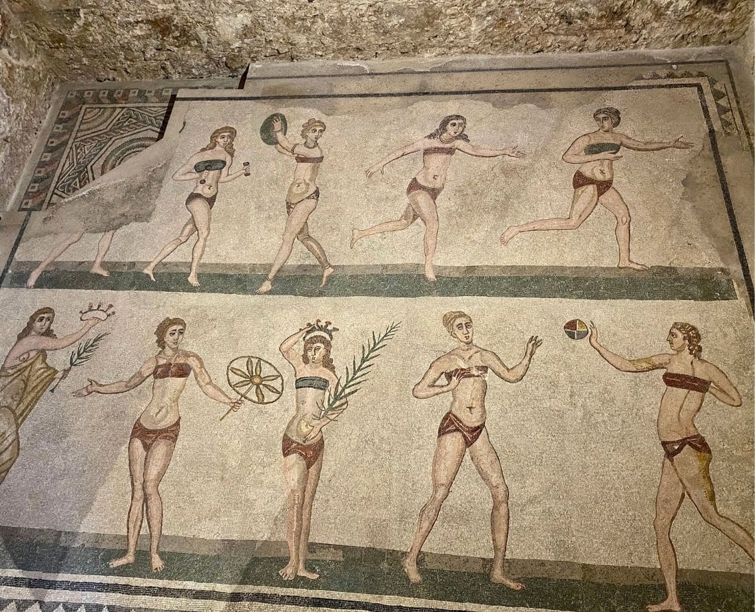 Bikini Girls of Sicily - Surprisingly, the female athletes depicted in a mosaic floor of Villa Romana del Casale wear similar attire to modern day beach volleyball competitors. Photo: Maureen Littlejohn©